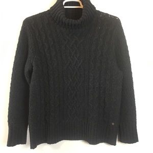 Eddie Bauer Womens Cable Knit Turtle Neck 80% Lambswool Sweater Black